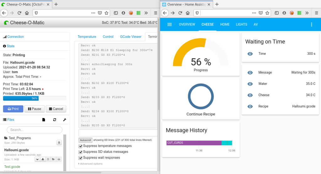 Octoprint software and Home Assistant dashboard showing a cheese being created using the cheese maker